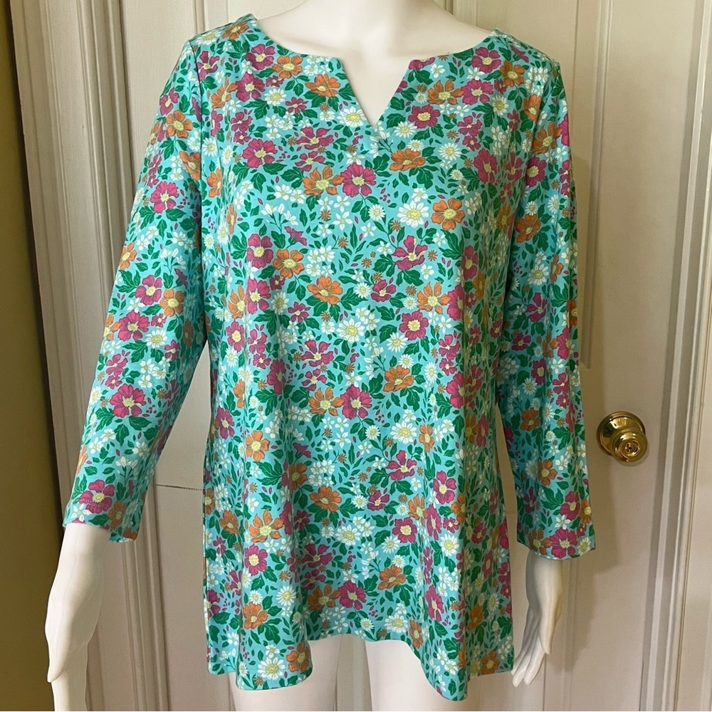 Kim Rogers Women's Cotton Turquoise Floral Print Blouse - Green, Pink Size L